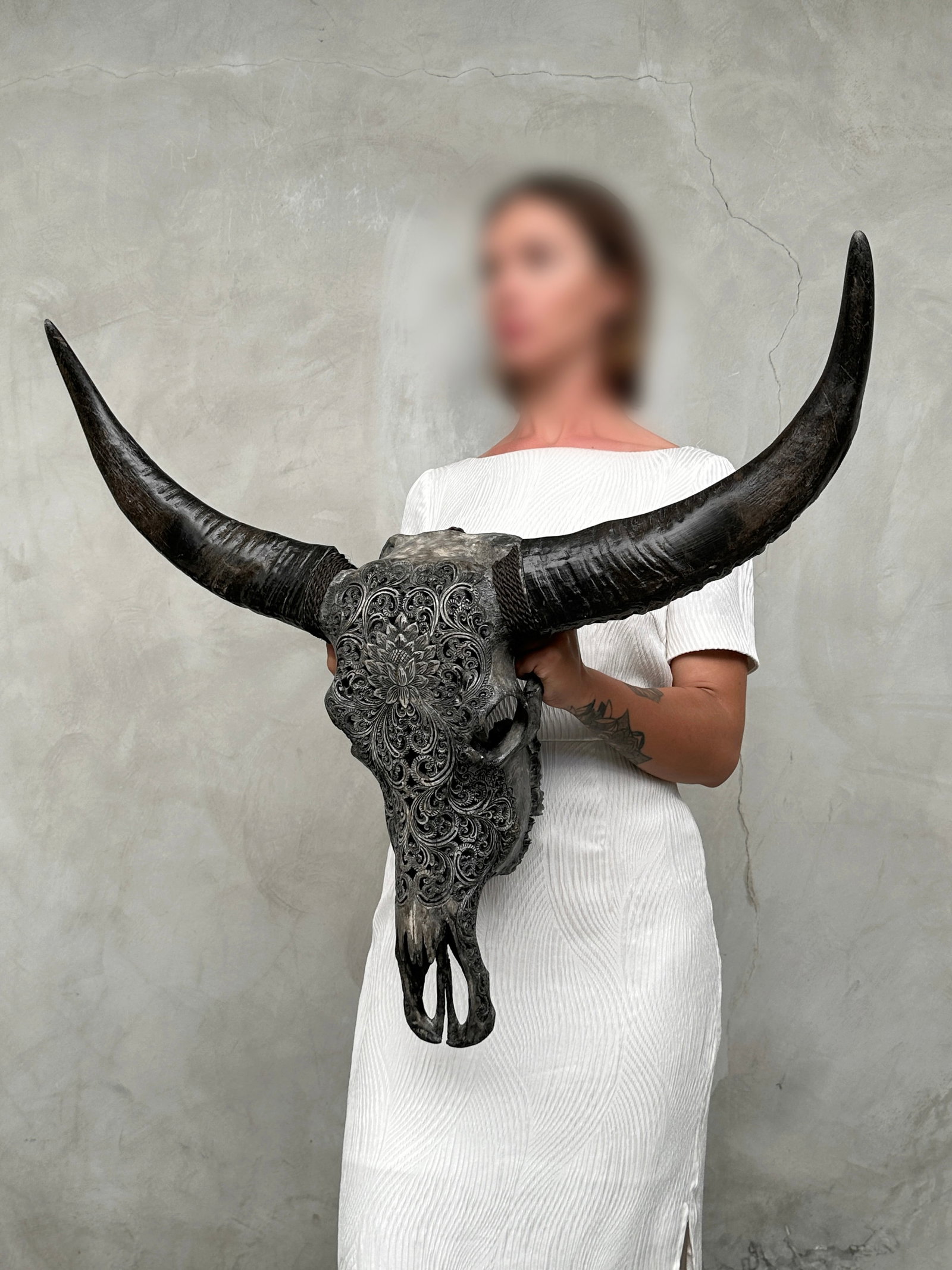 Grey water buffalo skull - Lotus motif - 3