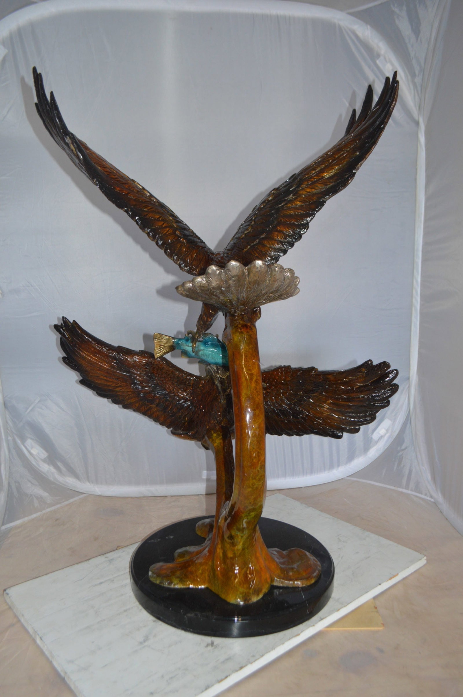 Two Eagles Fighting on Fish Bronze Statue - Size: 33"L x 28"W x 42"H. - 11