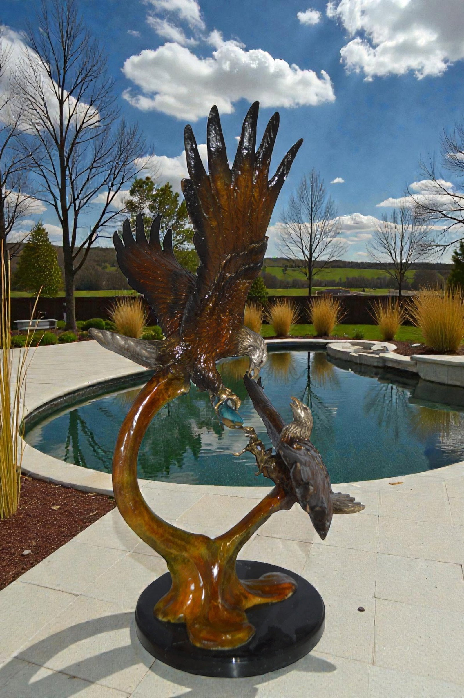 Two Eagles Fighting on Fish Bronze Statue - Size: 33"L x 28"W x 42"H. - 12