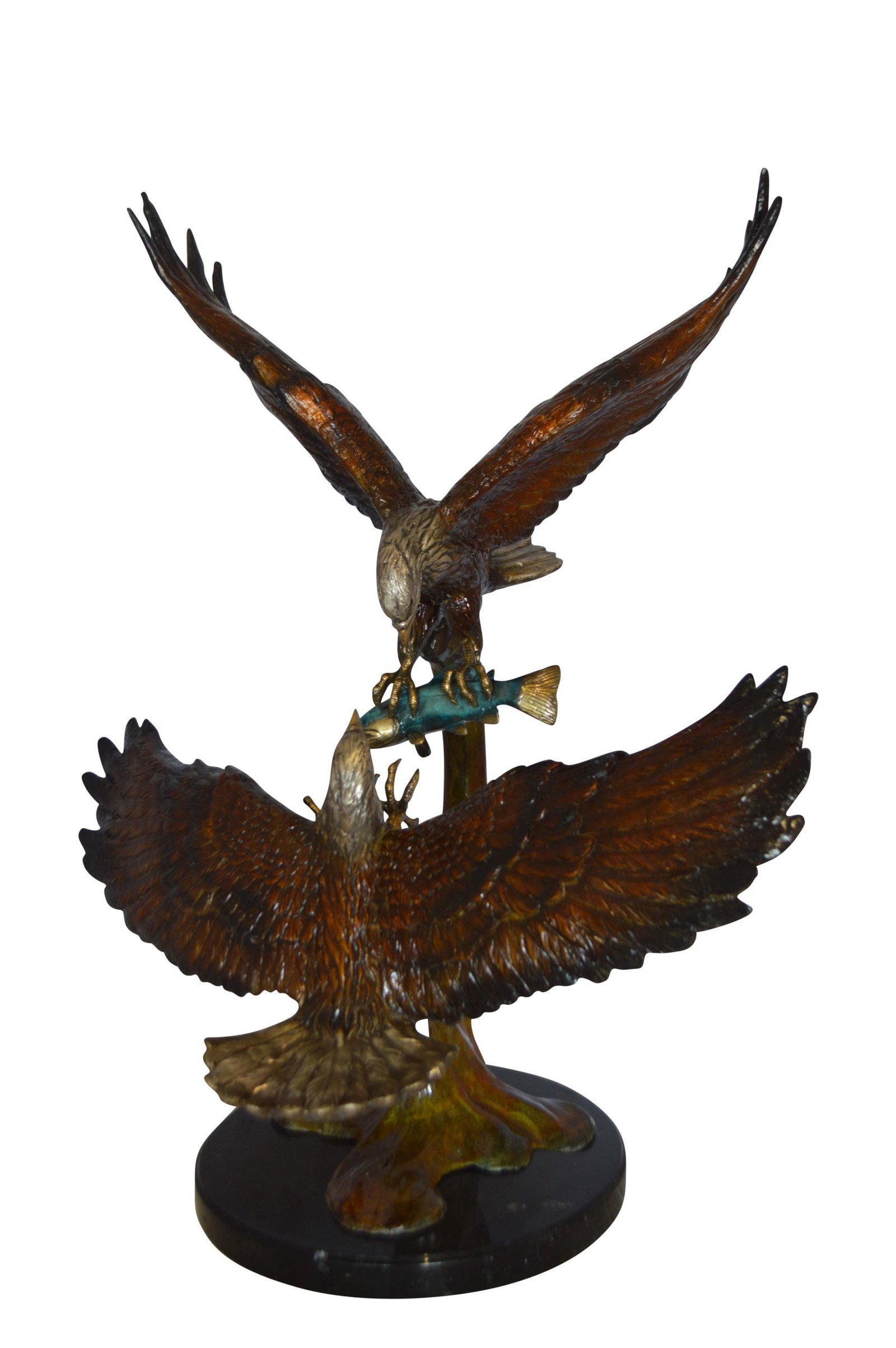 Two Eagles Fighting on Fish Bronze Statue - Size: 33"L x 28"W x 42"H.: Title:Two Eagles Fighting on Fish Bronze Statue - Size: 33"L x 28"W x 42"H. Description:Sculpted beautifully, a large statue of two eagles fighting on a fish prey in mid-air. The eagle head captures t