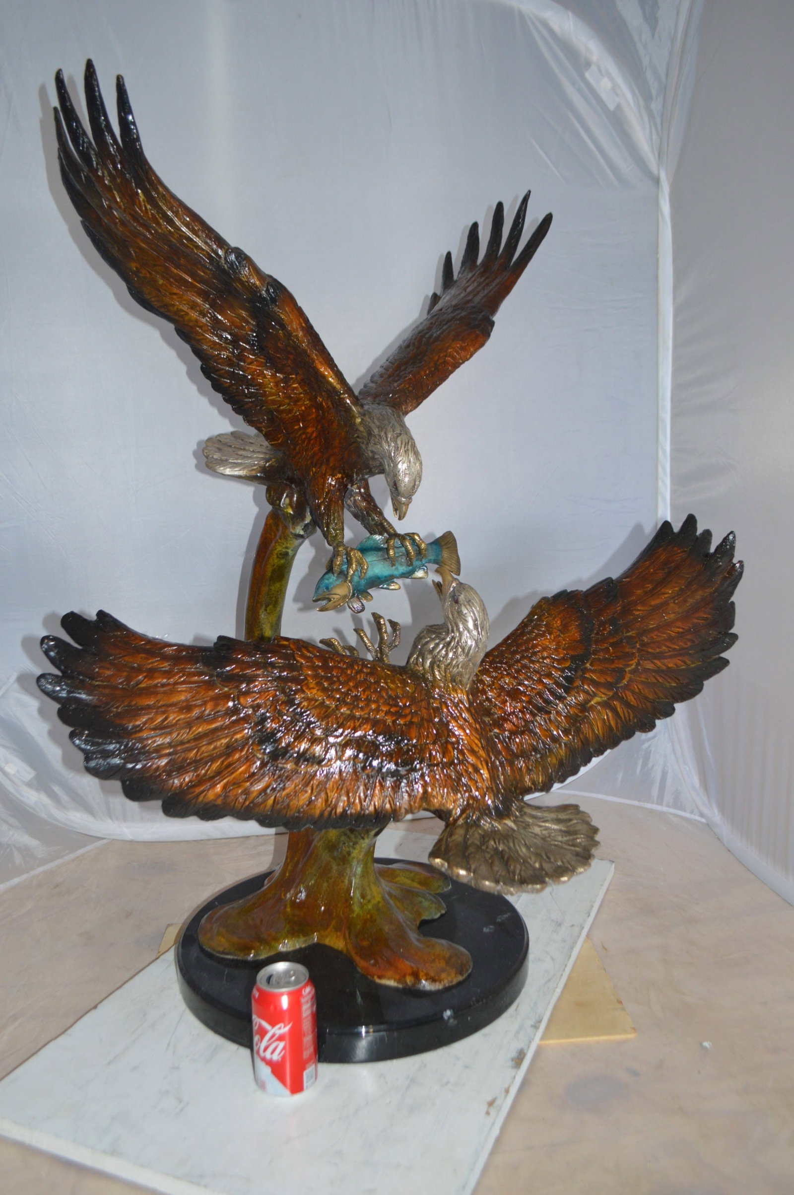 Two Eagles Fighting on Fish Bronze Statue - Size: 33"L x 28"W x 42"H. - 5