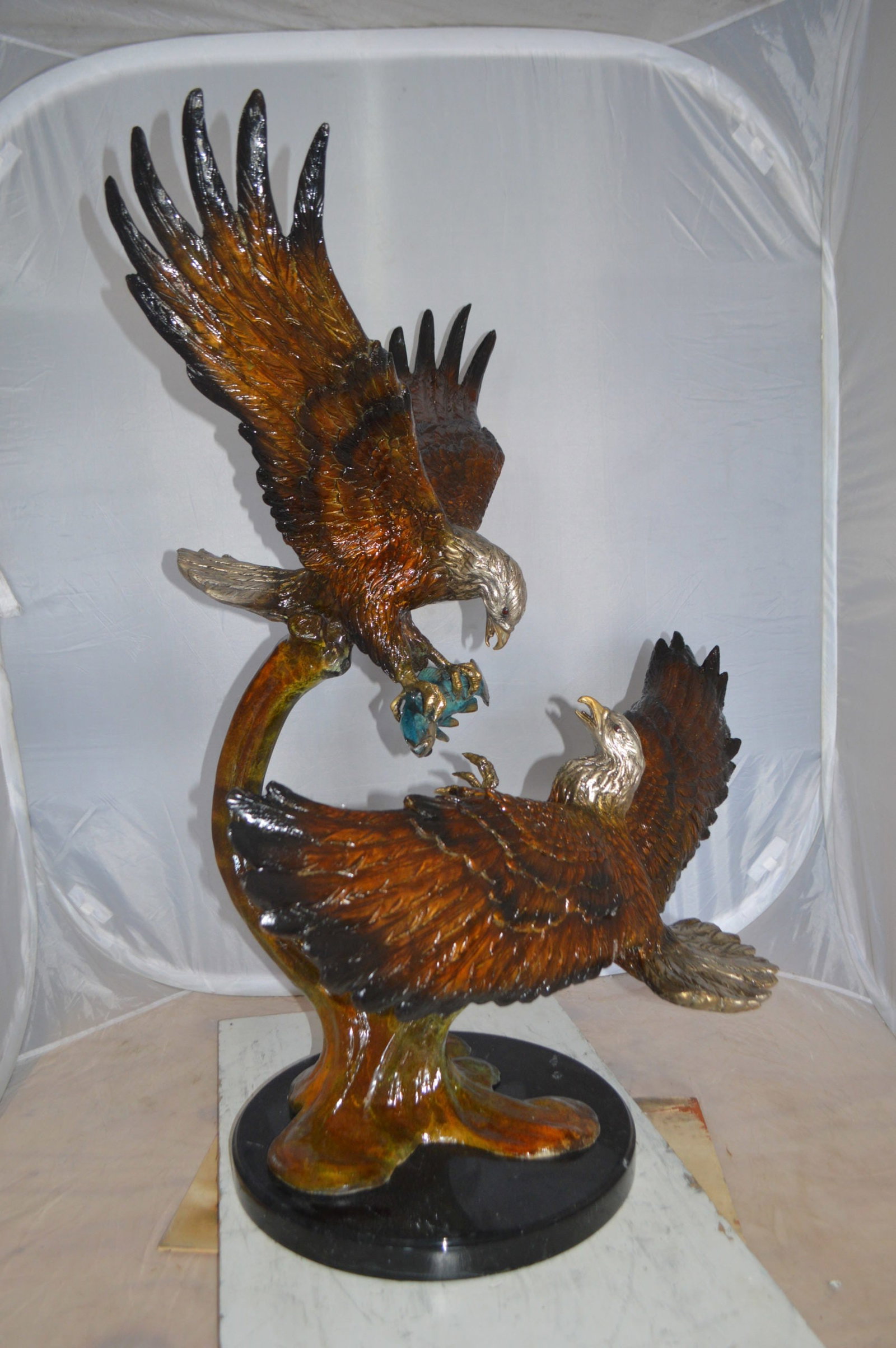 Two Eagles Fighting on Fish Bronze Statue - Size: 33"L x 28"W x 42"H. - 6