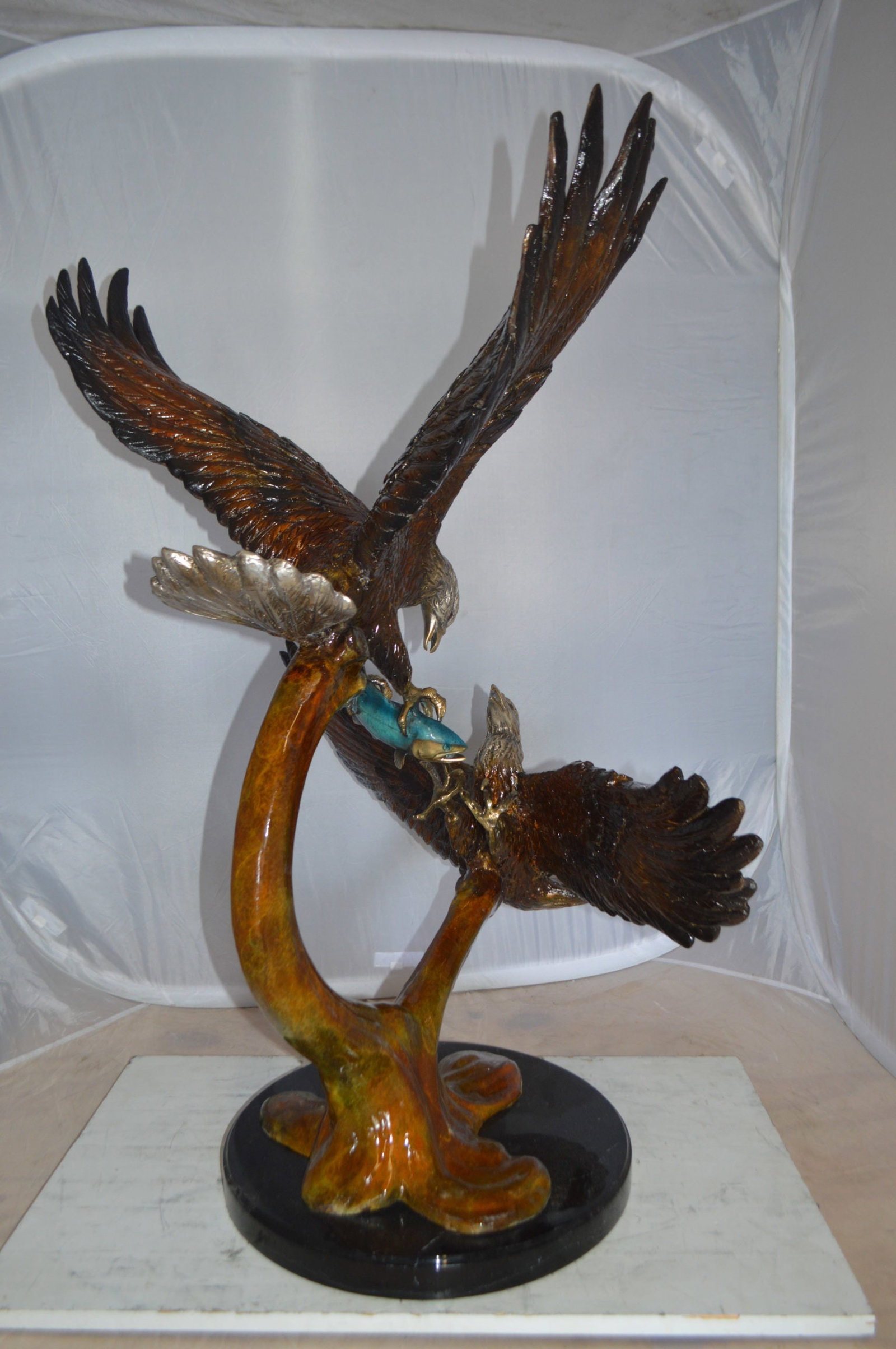 Two Eagles Fighting on Fish Bronze Statue - Size: 33"L x 28"W x 42"H. - 9
