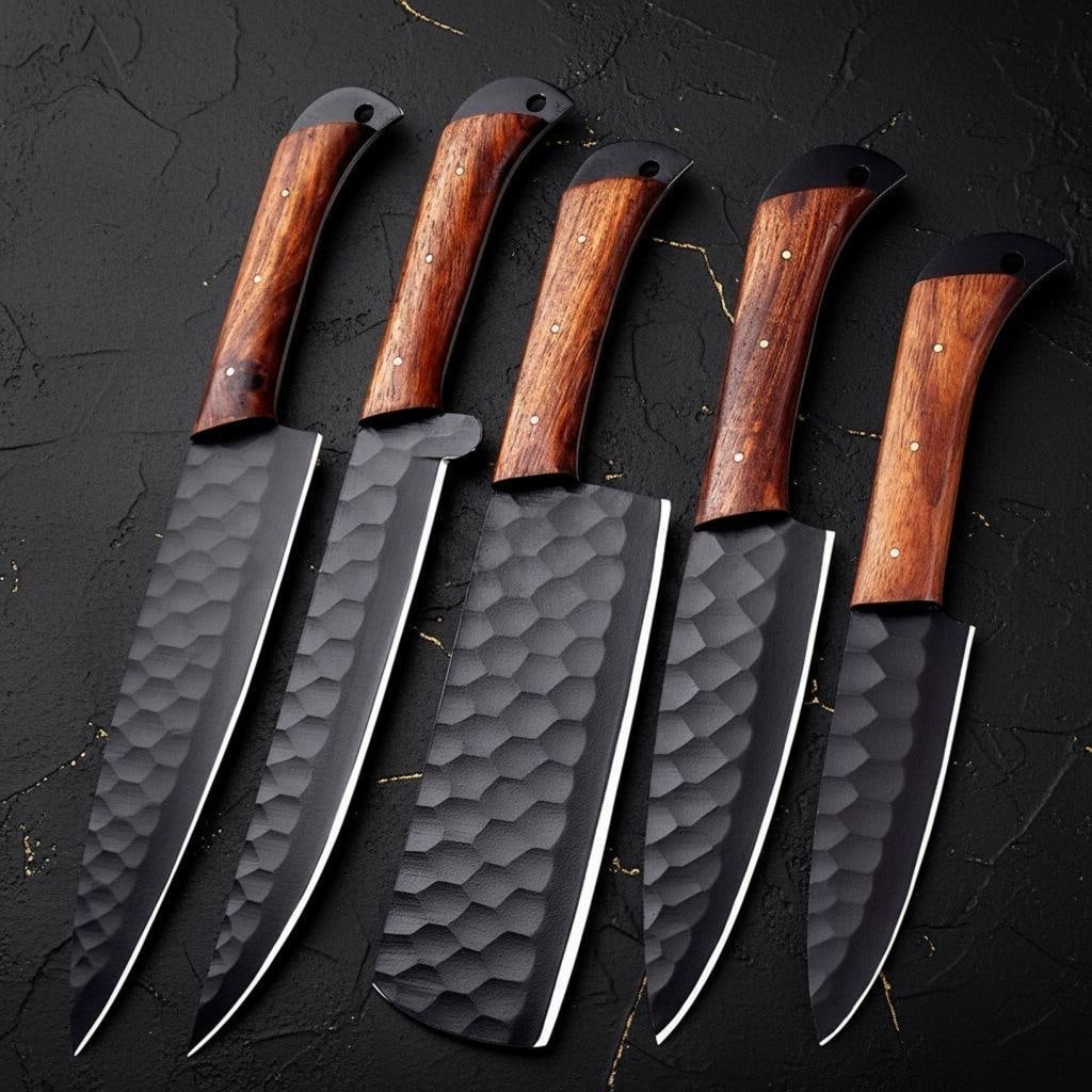 Handmade Damascus Steel Chef Knife Set 5-Piece Kitchen Knives with Leather Bag: Title:Handmade Damascus Steel Chef Knife Set 5-Piece Kitchen Knives with Leather Bag Description:This listing is for a custom handmade 5-piece chef knife set, crafted from high-quality Damascus