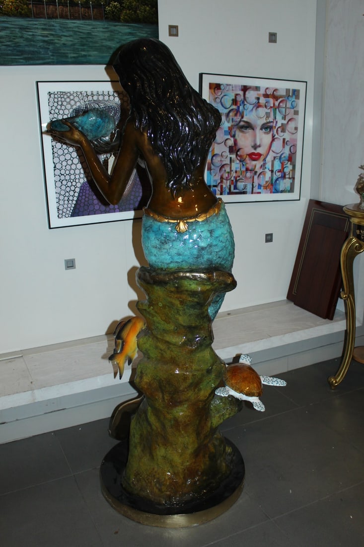Mermaid holding shell W turtle fish Bronze fountain Art Nude 38" x 24" x 68"H. - 10