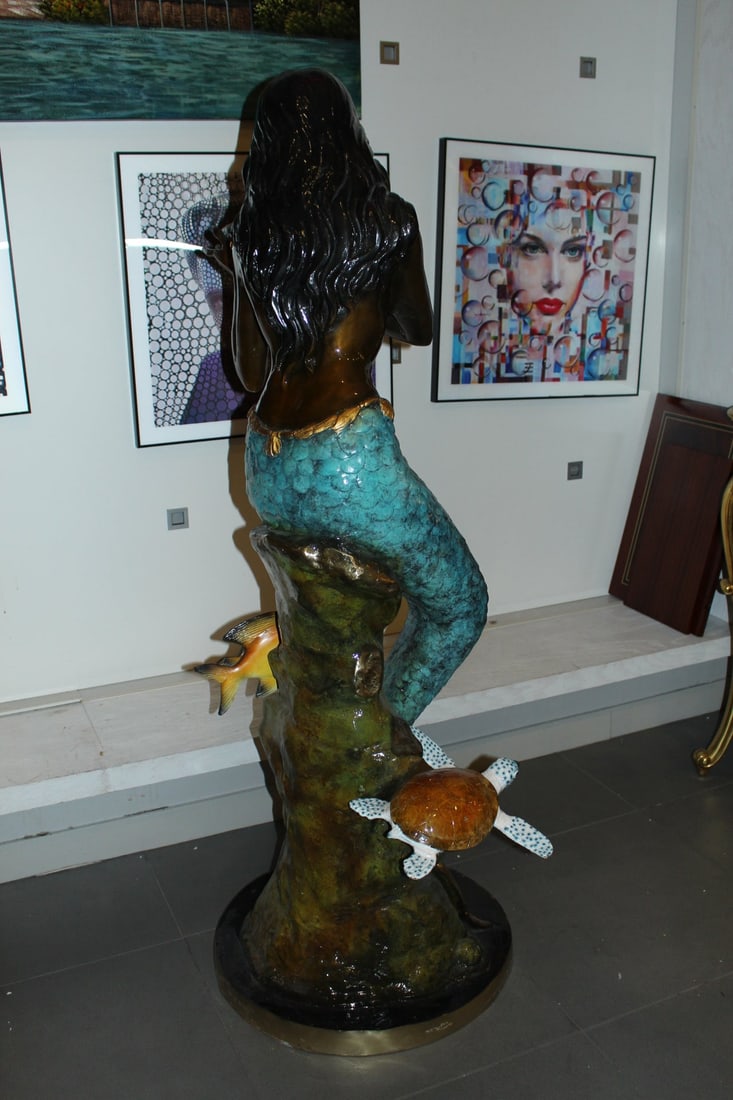 Mermaid holding shell W turtle fish Bronze fountain Art Nude 38" x 24" x 68"H. - 11
