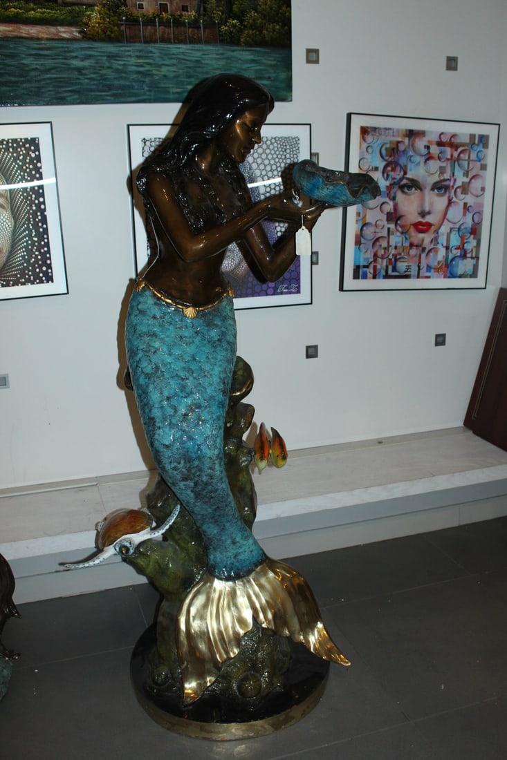 Mermaid holding shell W turtle fish Bronze fountain Art Nude 38" x 24" x 68"H. - 13