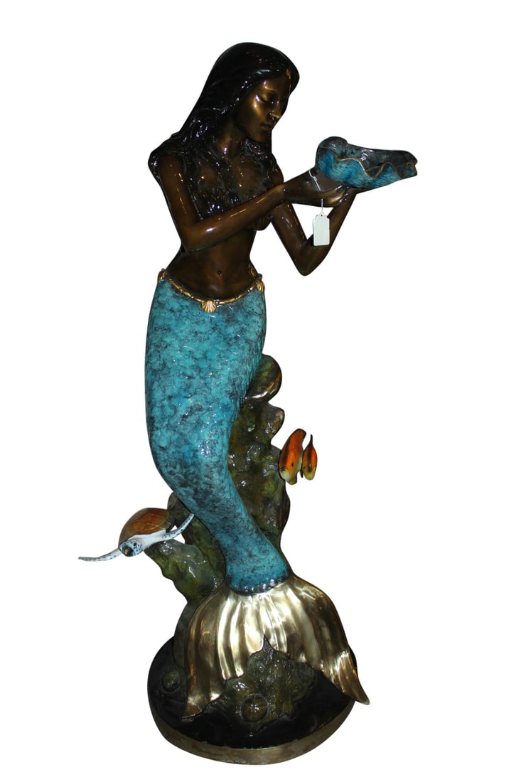 Mermaid holding shell W turtle fish Bronze fountain Art Nude 38" x 24" x 68"H.: Title:Mermaid holding shell W turtle fish Bronze fountain Art Nude 38" x 24" x 68"H. Description:Magnificent large size mermaid with a turtle and fish bronze sculpture – Fountain, holding a conch