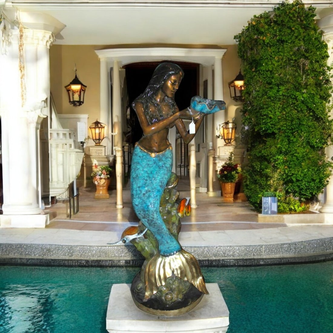 Mermaid holding shell W turtle fish Bronze fountain Art Nude 38" x 24" x 68"H. - 2