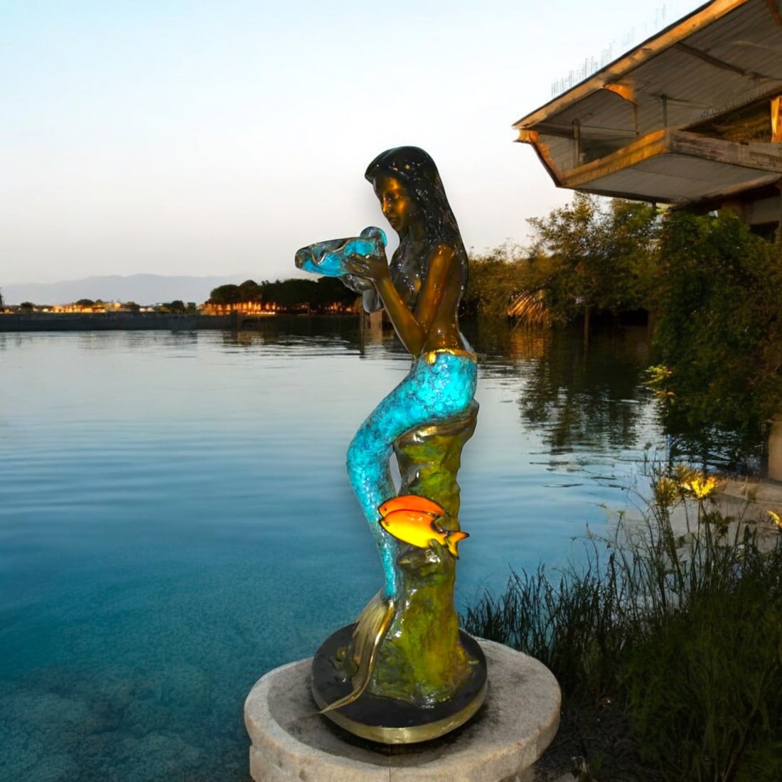 Mermaid holding shell W turtle fish Bronze fountain Art Nude 38" x 24" x 68"H. - 3