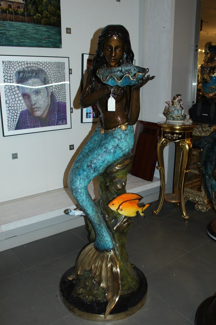 Mermaid holding shell W turtle fish Bronze fountain Art Nude 38" x 24" x 68"H. - 6