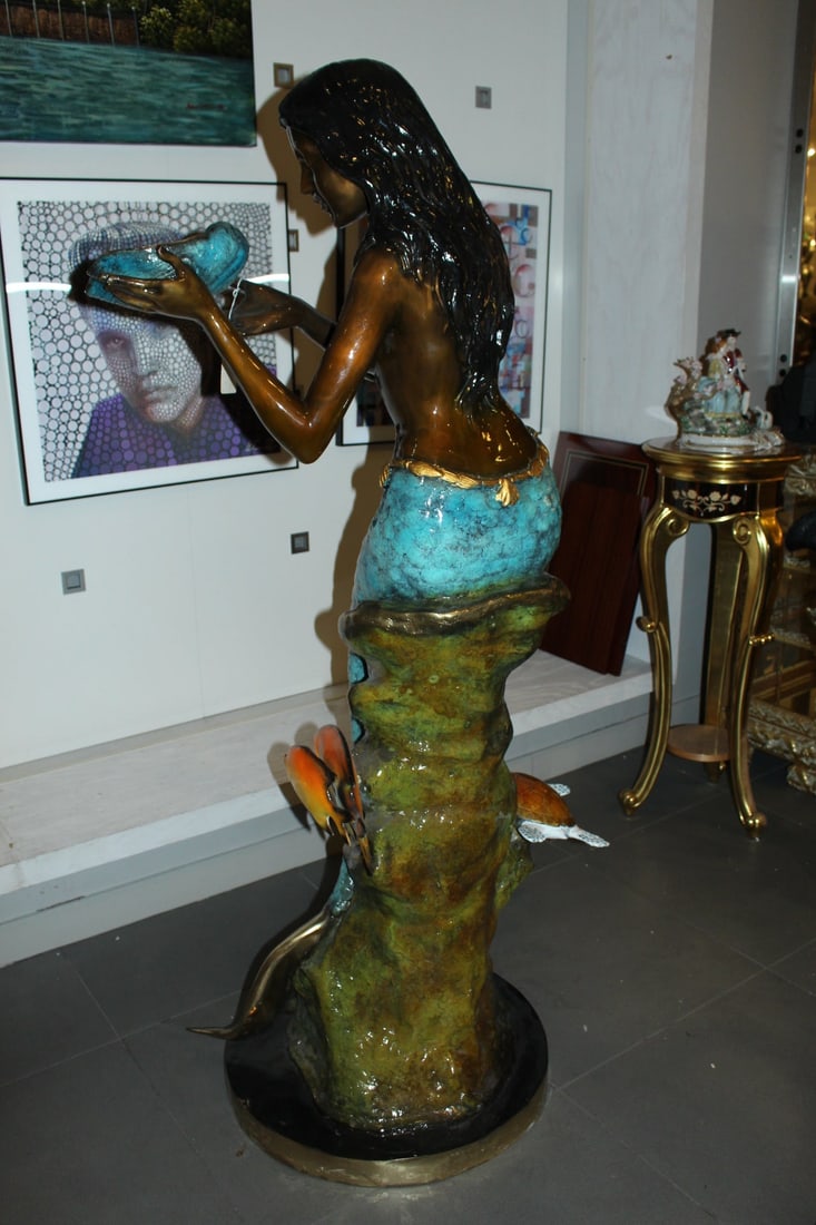 Mermaid holding shell W turtle fish Bronze fountain Art Nude 38" x 24" x 68"H. - 8
