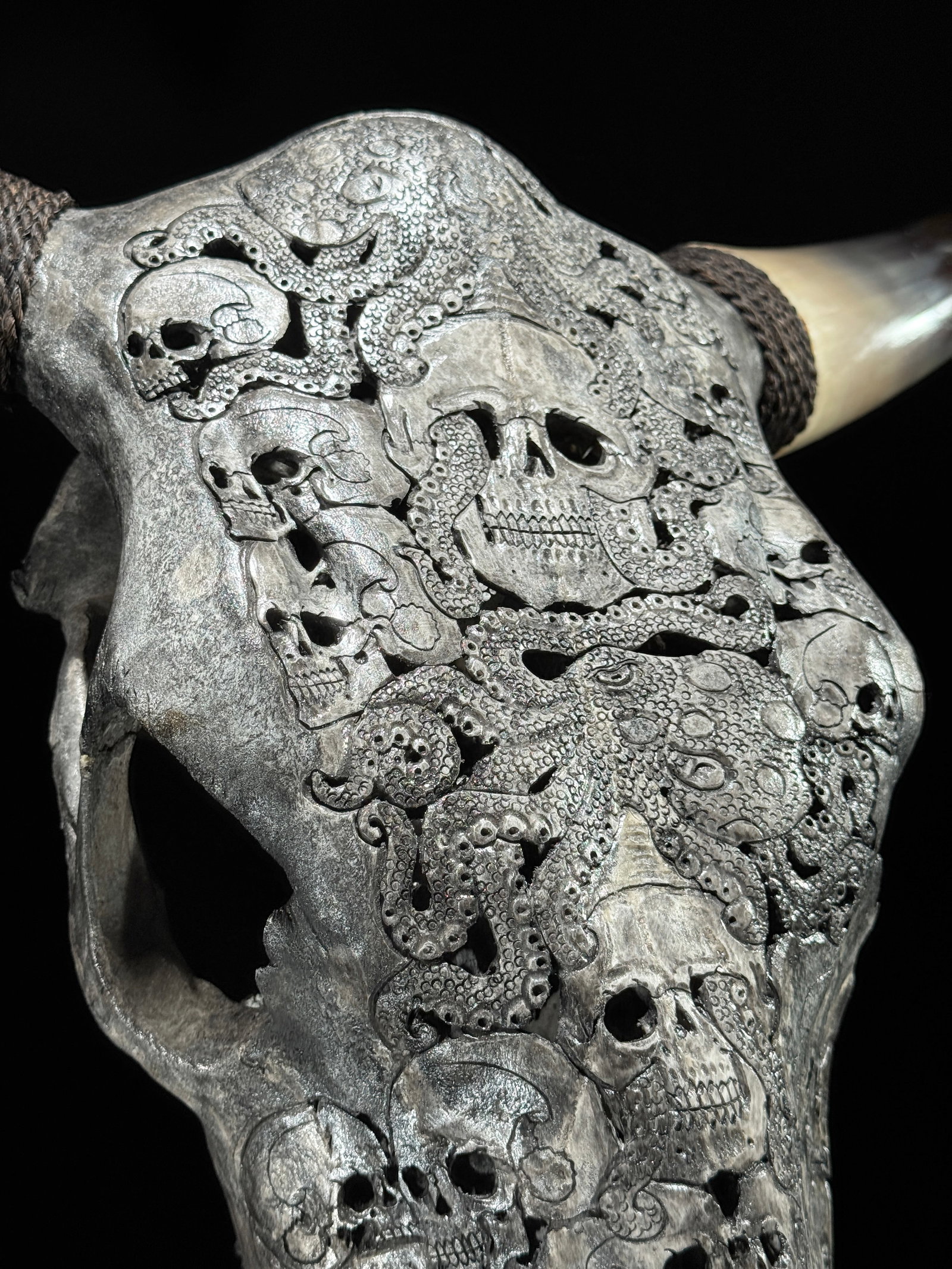 Stunning carved grey bulls' skull - Human skulls octopus motif - 5