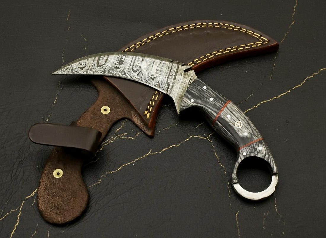 Handcrafted Damascus Karambit Hunting Knife, Full Tang Blade with Rosewood Pakka Wood Handle: Title:Handcrafted Damascus Karambit Hunting Knife, Full Tang Blade with Rosewood Pakka Wood Handle Description:This listing is for a handcrafted Karambit knife, featuring a full tang construction for