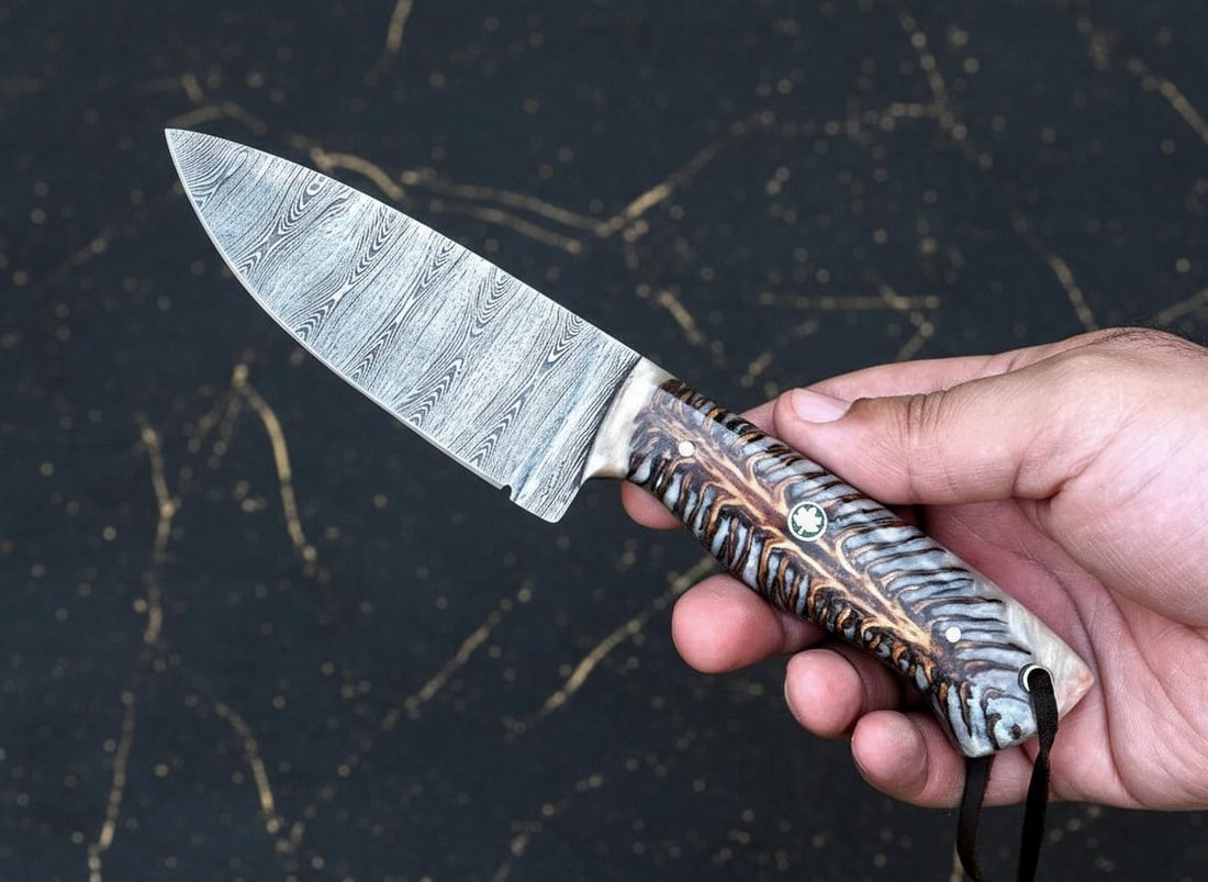 Damascus Steel Hunting Knife with PineCone Handle, Hand Forged Tactical Fixed Blade: Title:Damascus Steel Hunting Knife with PineCone Handle, Hand Forged Tactical Fixed Blade Description:This custom made and hand forged hunting knife is a versatile tool for tactical, camping,