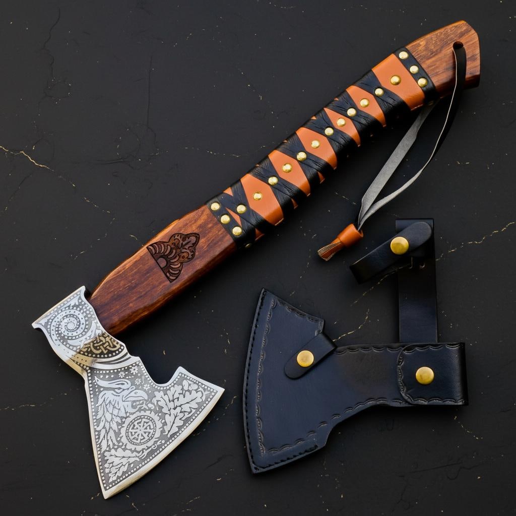 Engraved Ash Wood Viking Axe, Forged Carbon Steel Bearded Tomahawk & Sheath (1 of 17)
