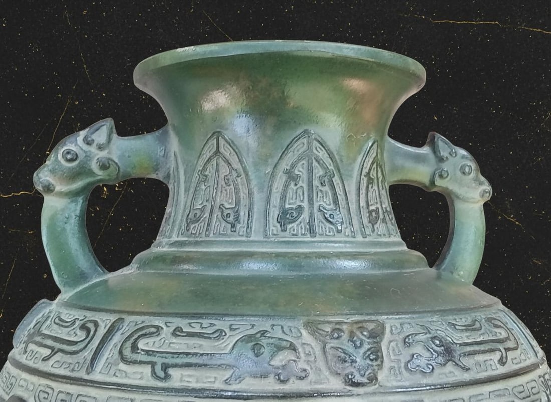 Heavy Dragon Handle Vase, Detailed Chinese Metal Art, Greenish Bronze Finish - 6