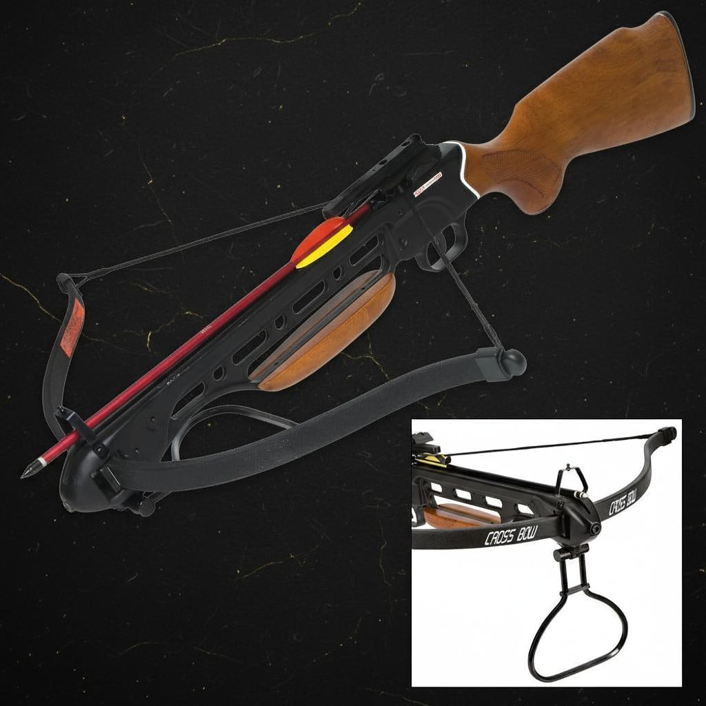 Rifle-Style Wooden Stock Crossbow 150 lb Draw with Fiberglass Limb and Bolts: Title:Rifle-Style Wooden Stock Crossbow 150 lb Draw with Fiberglass Limb and Bolts Description:This crossbow combines a classic wooden, rifle-style stock with modern components for reliable
