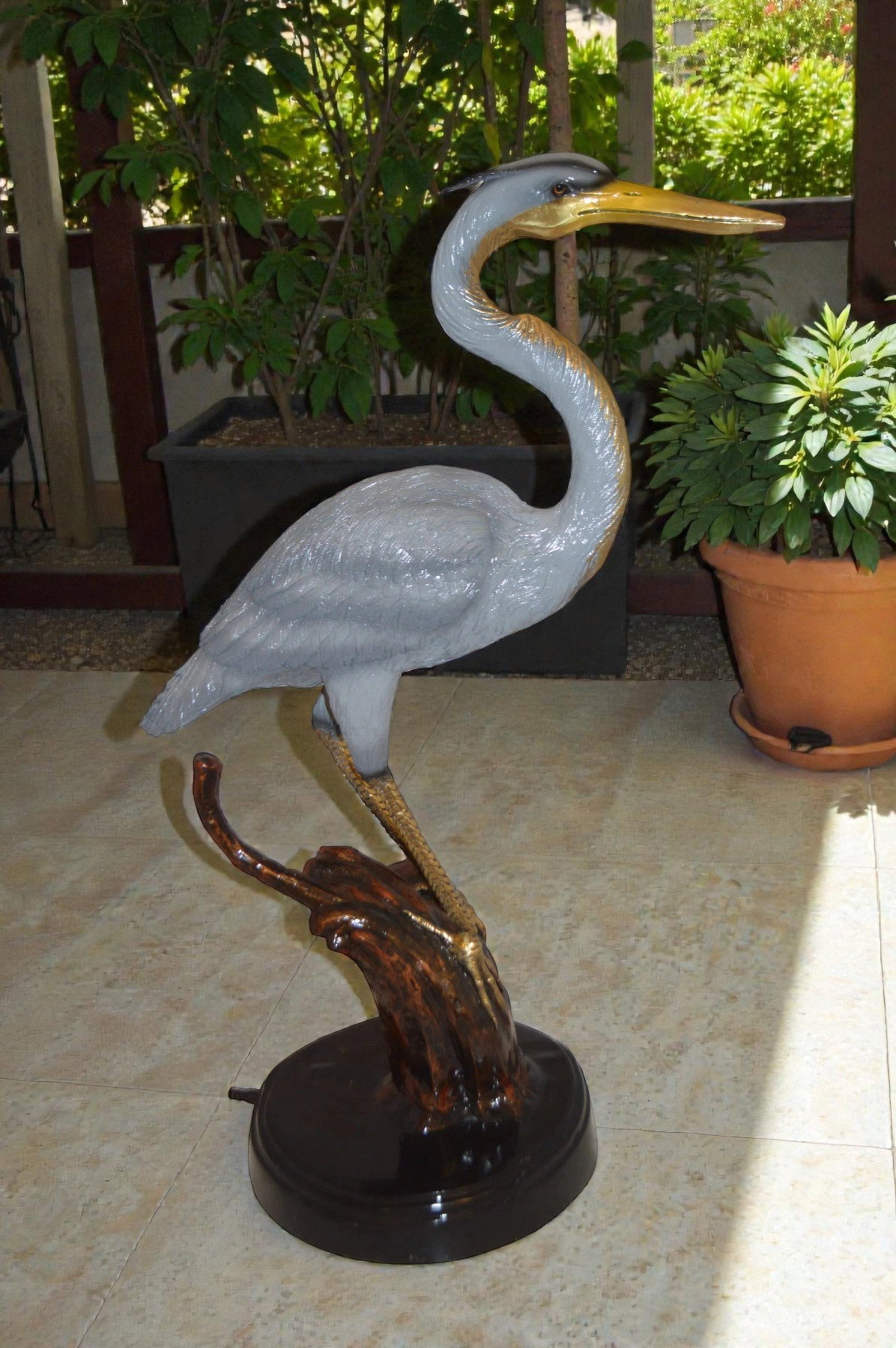 Crane Bronze Statue Fountain - Size: 29"L x 13"W x 42"H. - 3
