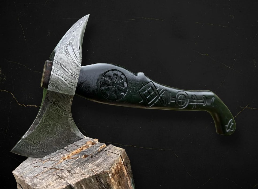 Custom Forged Damascus Steel Viking Tomahawk with Hand Carved Wood Handle & Sheath: Title:Custom Forged Damascus Steel Viking Tomahawk with Hand Carved Wood Handle & Sheath Description:This offering is for a beautifully crafted custom tomahawk, featuring a striking Damascus steel