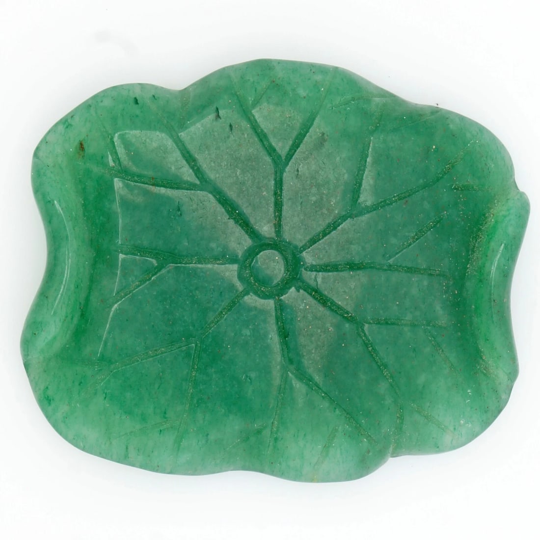 Vintage Chinese Carved Hardstone Lotus Pad: Title:Vintage Chinese Carved Hardstone Lotus Pad Size:2 1/8 in (5.4 cm) long x 1 7/8 in (4.8 cm) tall x 5/16 in (0.8 cm) thick. Description:A very green hardstone stone with a strong matrix that has