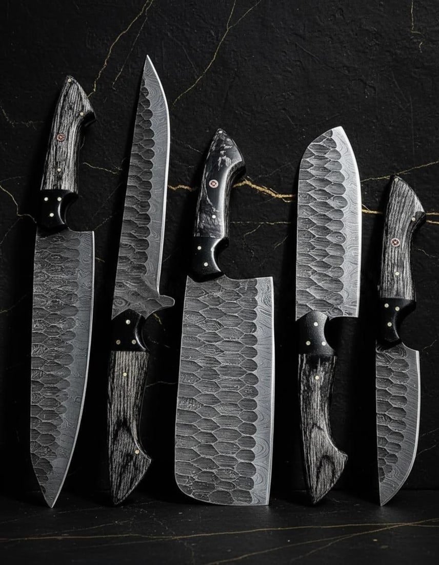 Twist Pattern Damascus Steel Chef Knife Set, 5 Piece Hand Forged Kitchen Cutlery: Title:Twist Pattern Damascus Steel Chef Knife Set, 5 Piece Hand Forged Kitchen Cutlery Description:Discover this exceptional 5 piece set of custom kitchen knives, each individually hand forged from