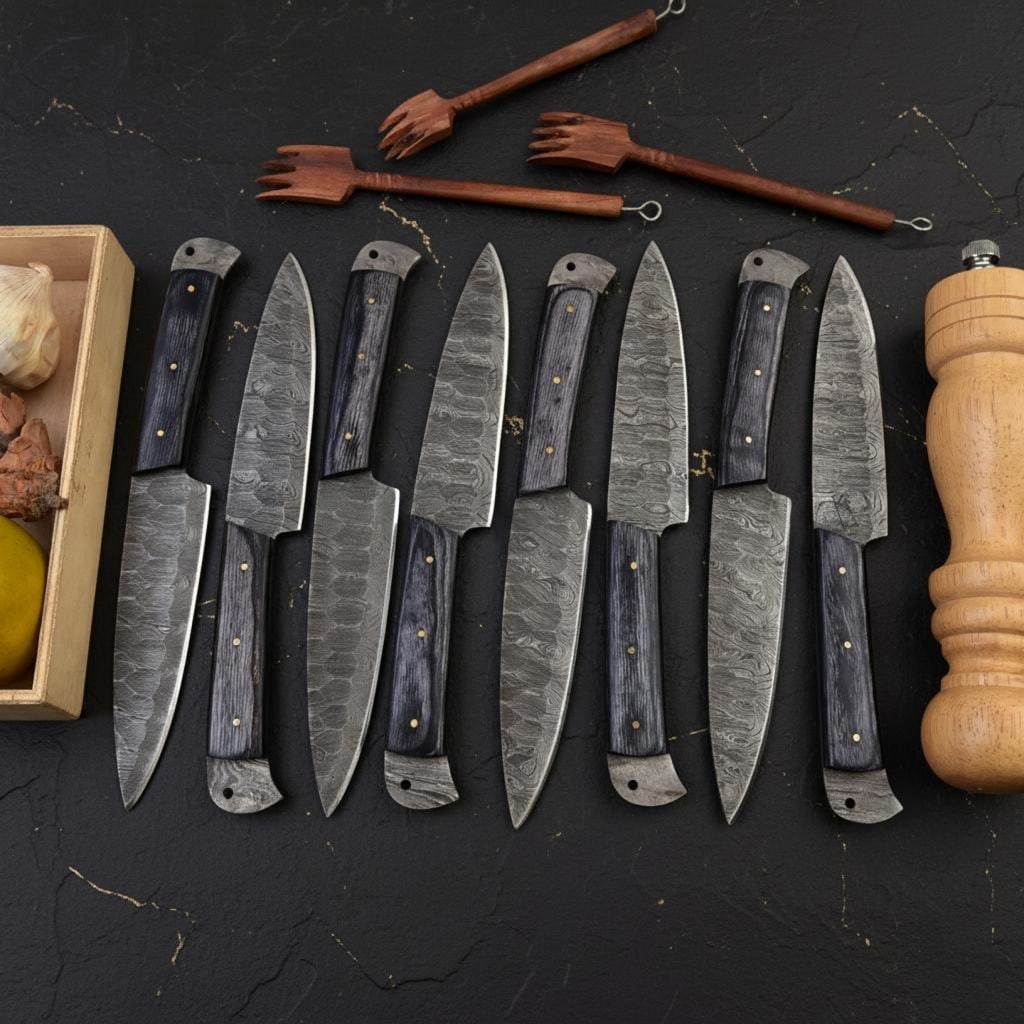 Set of 8 Hand Forged Damascus Steel Steak Knives - Black Wood Handles - 5
