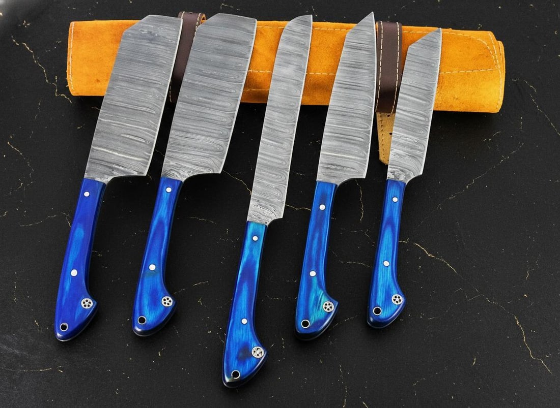 Hand Forged Damascus Steel 5-Piece Chef Knife Set with Pakkawood Handles & Leather Sheath: Title:Hand Forged Damascus Steel 5-Piece Chef Knife Set with Pakkawood Handles & Leather Sheath Description:Discover this custom hand forged 5-piece chef knife set, crafted for both professional