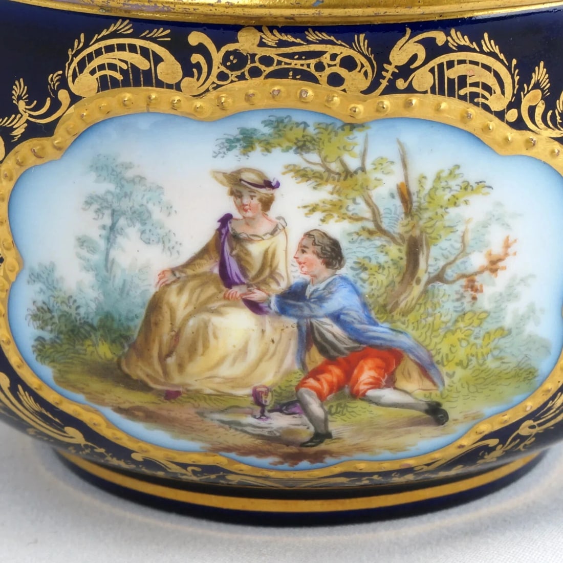 Antique German Cobalt Blue Covered Jar Courting Couple - 3
