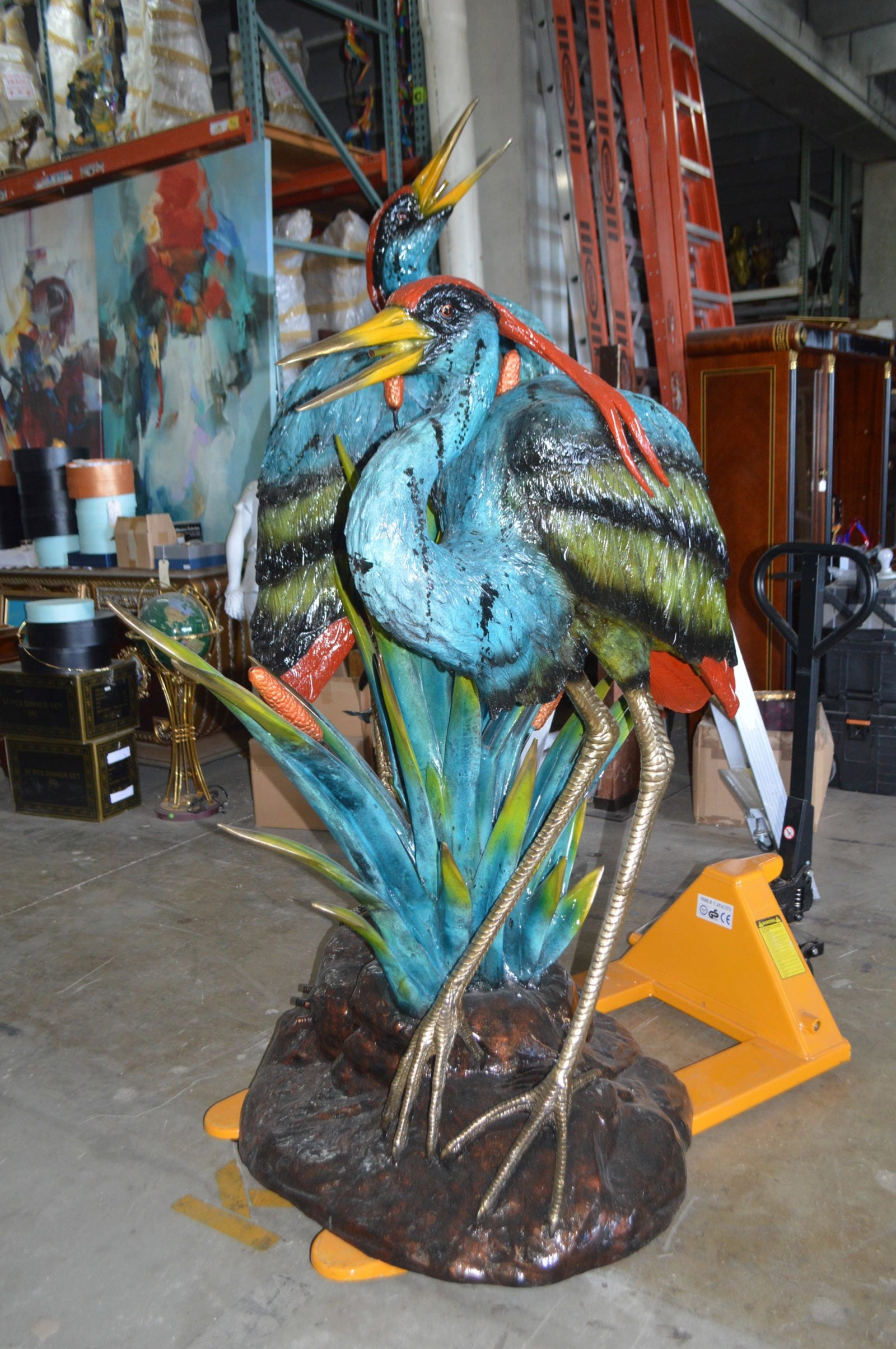Two colored Herons fountain - Size: 53"L x 40"W x 88"H.: Title:Two colored Herons fountain - Size: 53"L x 40"W x 88"H. Description:Surprise your garden guests with this large size outdoor Bronze fountain Statue of two herons standing on a rocks. Each one