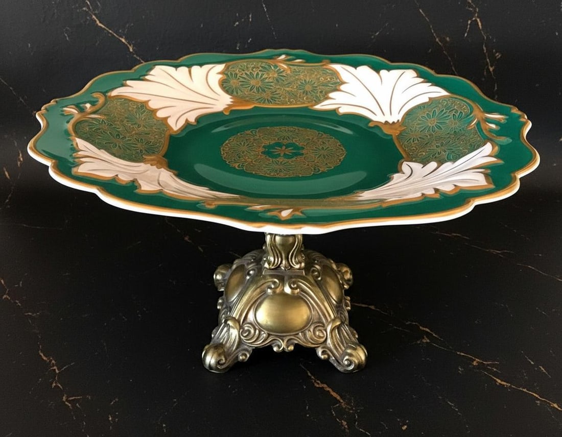 Antique Weimar Jutta Pattern Pedestal Stand, Green & Gold Floral Porcelain Plate: Title:Antique Weimar Jutta Pattern Pedestal Stand, Green & Gold Floral Porcelain Plate Description:This exquisite and rare find is an antique pedestal dessert stand from Weimar Porzellan, also known
