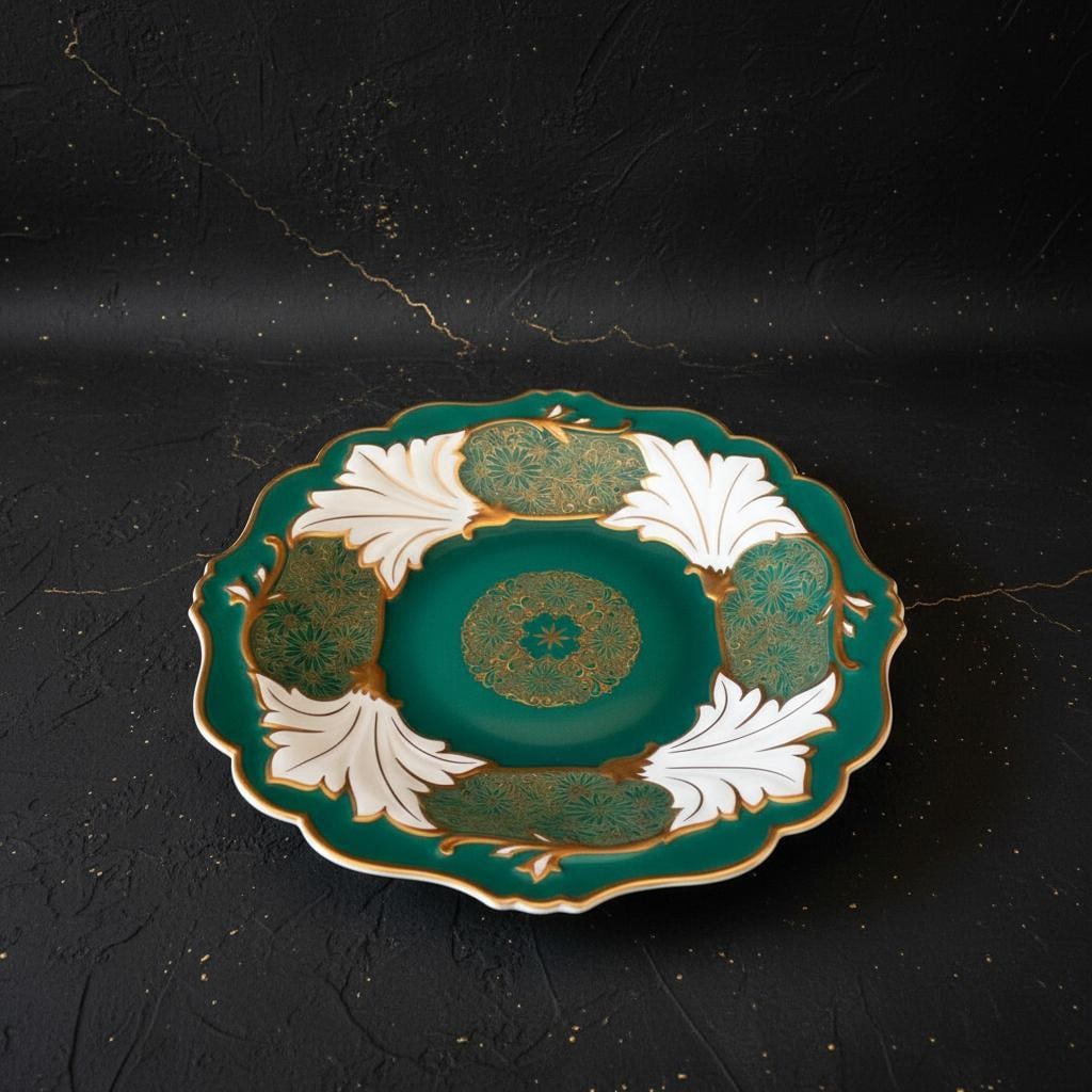 Antique Weimar Jutta Pattern Pedestal Stand, Green & Gold Floral Porcelain Plate - 2