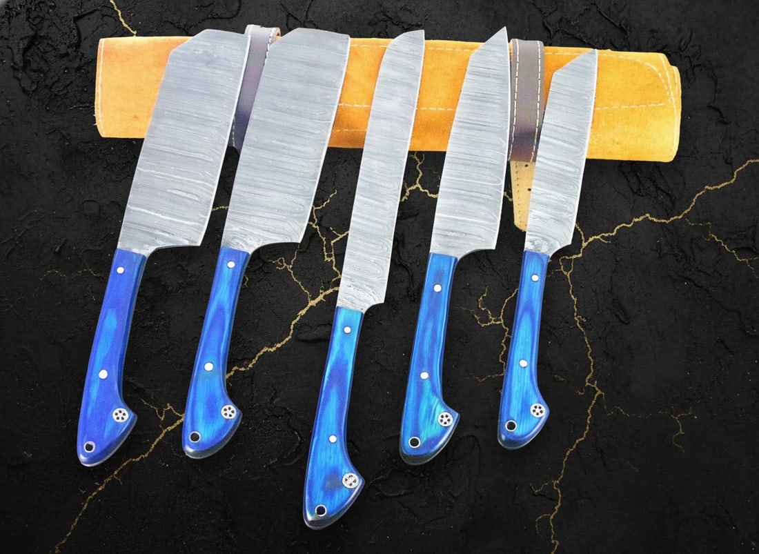5pc Damascus Steel Kitchen Knife Set, Hand Forged Chef Blades With Sheaths - 2