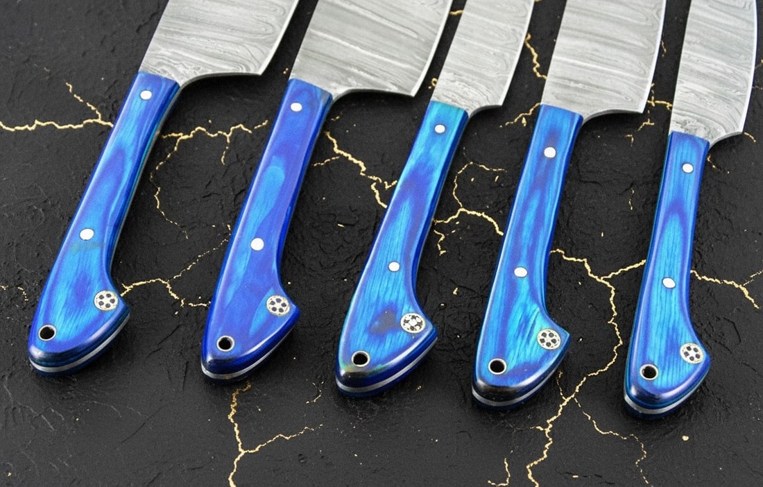 5pc Damascus Steel Kitchen Knife Set, Hand Forged Chef Blades With Sheaths - 3