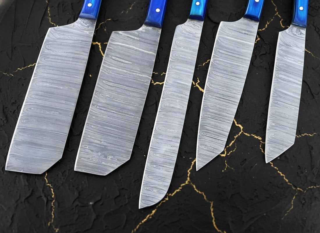 5pc Damascus Steel Kitchen Knife Set, Hand Forged Chef Blades With Sheaths - 4