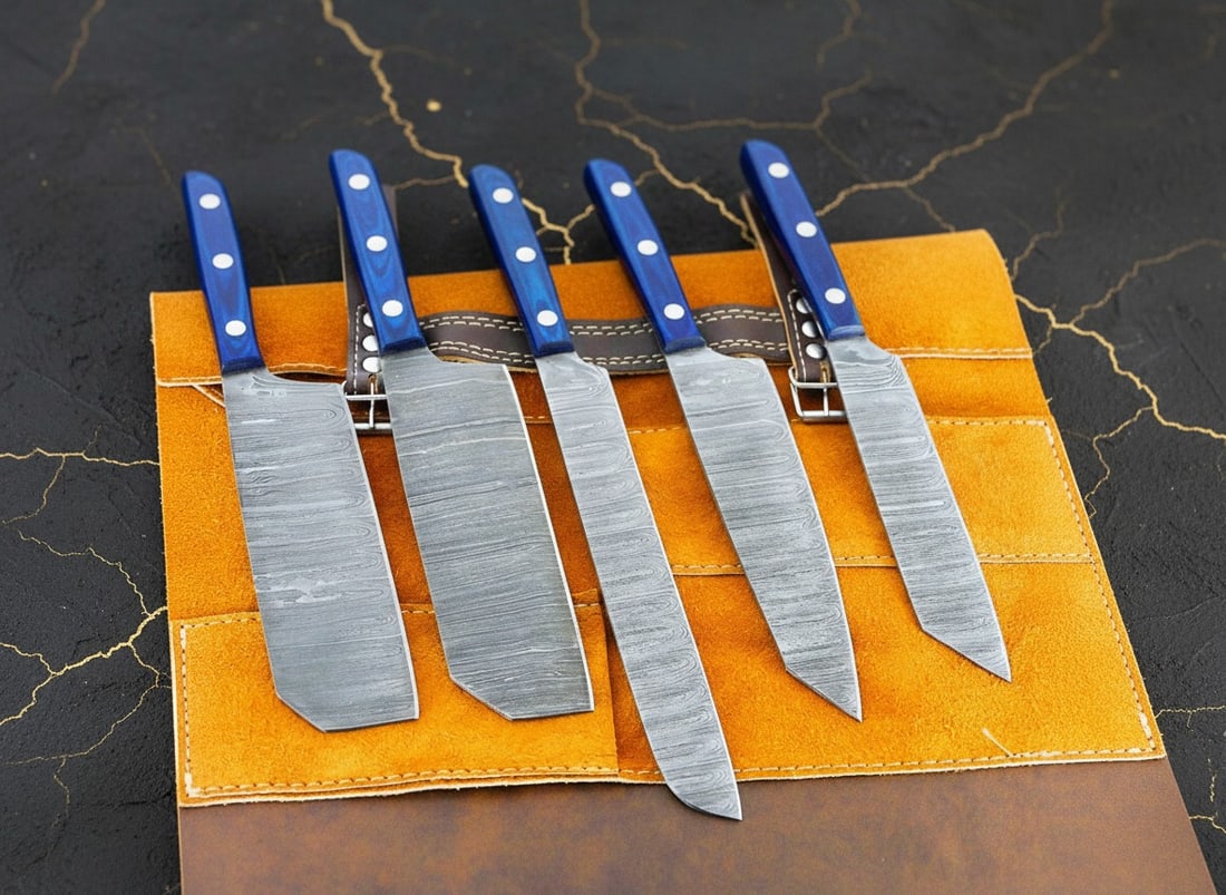 5pc Damascus Steel Kitchen Knife Set, Hand Forged Chef Blades With Sheaths - 5