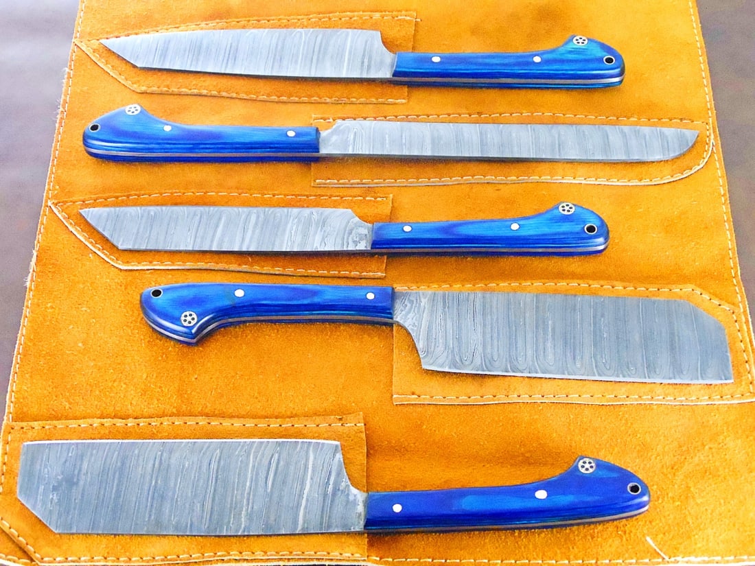 5pc Damascus Steel Kitchen Knife Set, Hand Forged Chef Blades With Sheaths - 6