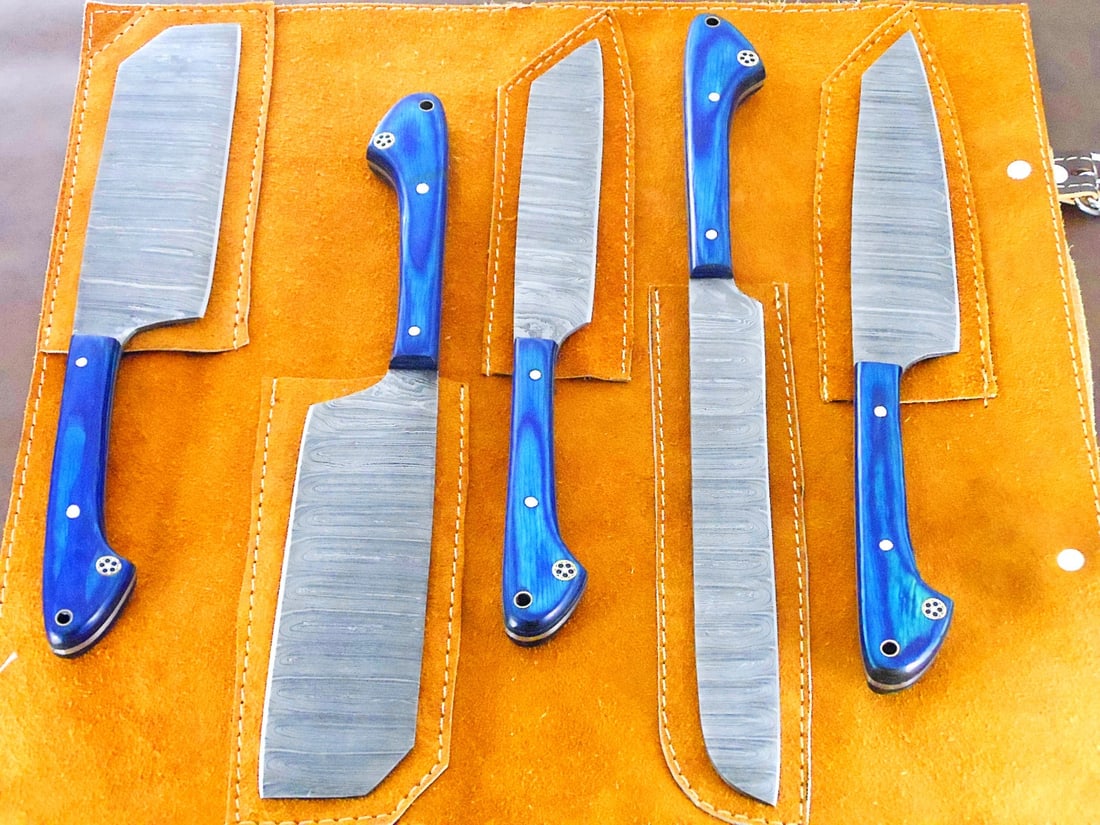 5pc Damascus Steel Kitchen Knife Set, Hand Forged Chef Blades With Sheaths - 7