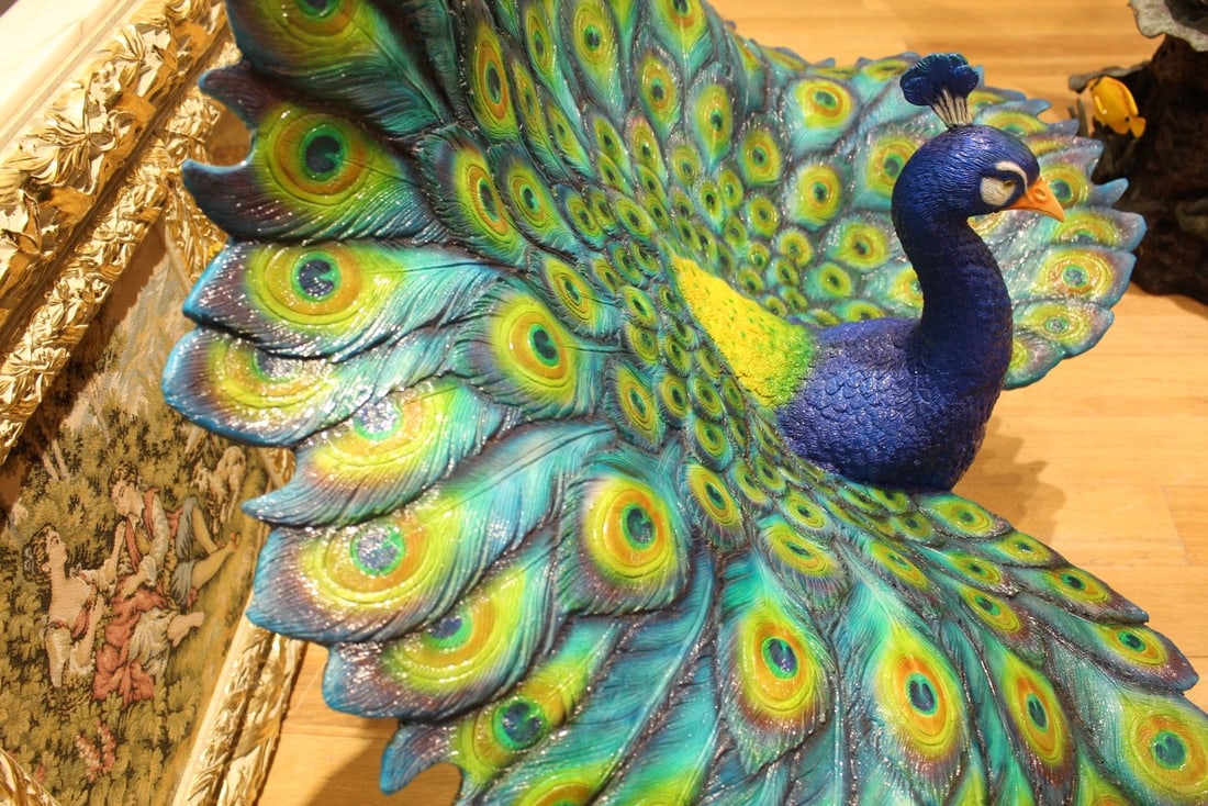 Colorful Peacock Bronze Statue - Size: 24"L x 39"W x 35"H. - 10
