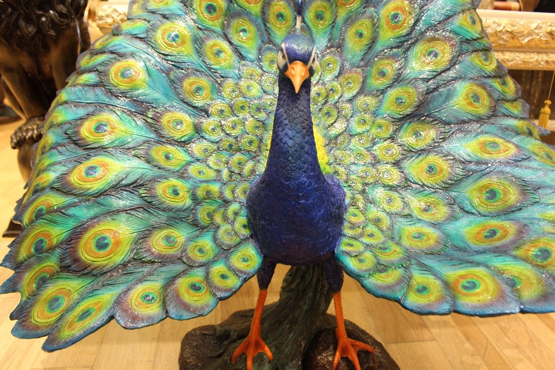 Colorful Peacock Bronze Statue - Size: 24"L x 39"W x 35"H. - 12