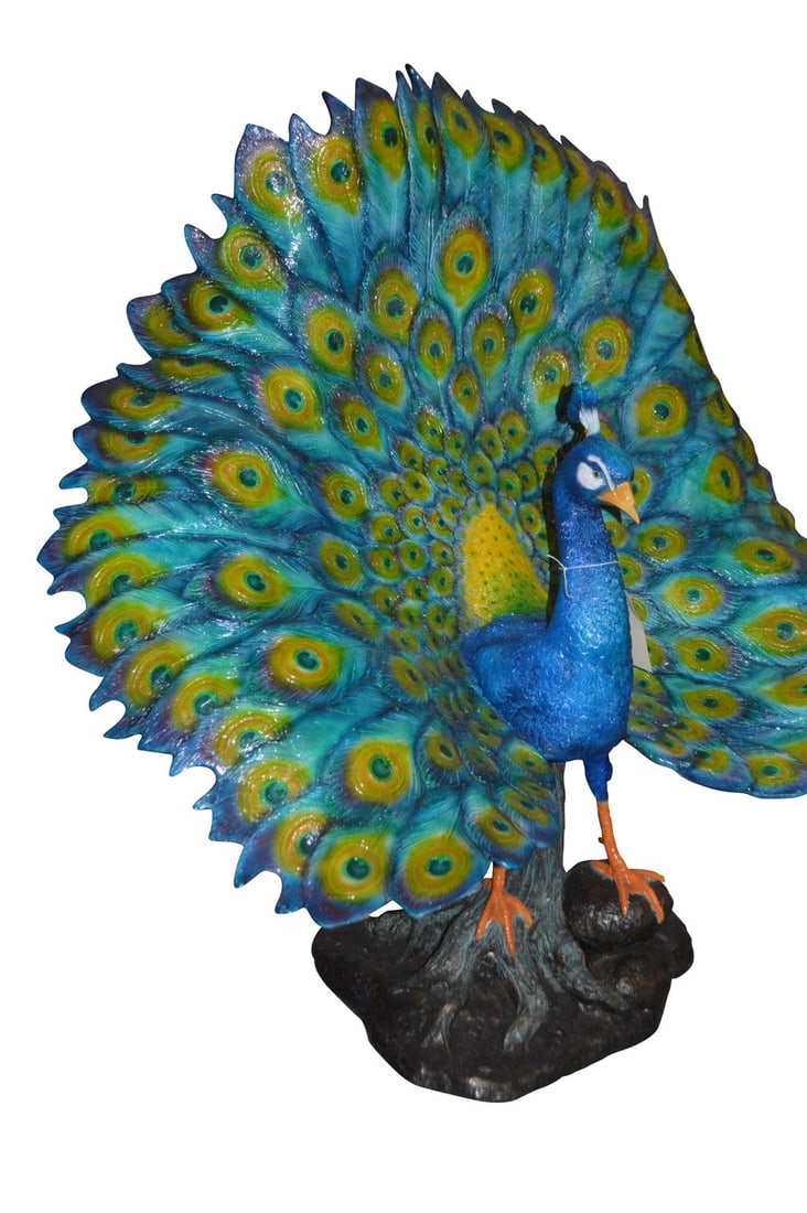 Colorful Peacock Bronze Statue - Size: 24"L x 39"W x 35"H. (1 of 12)