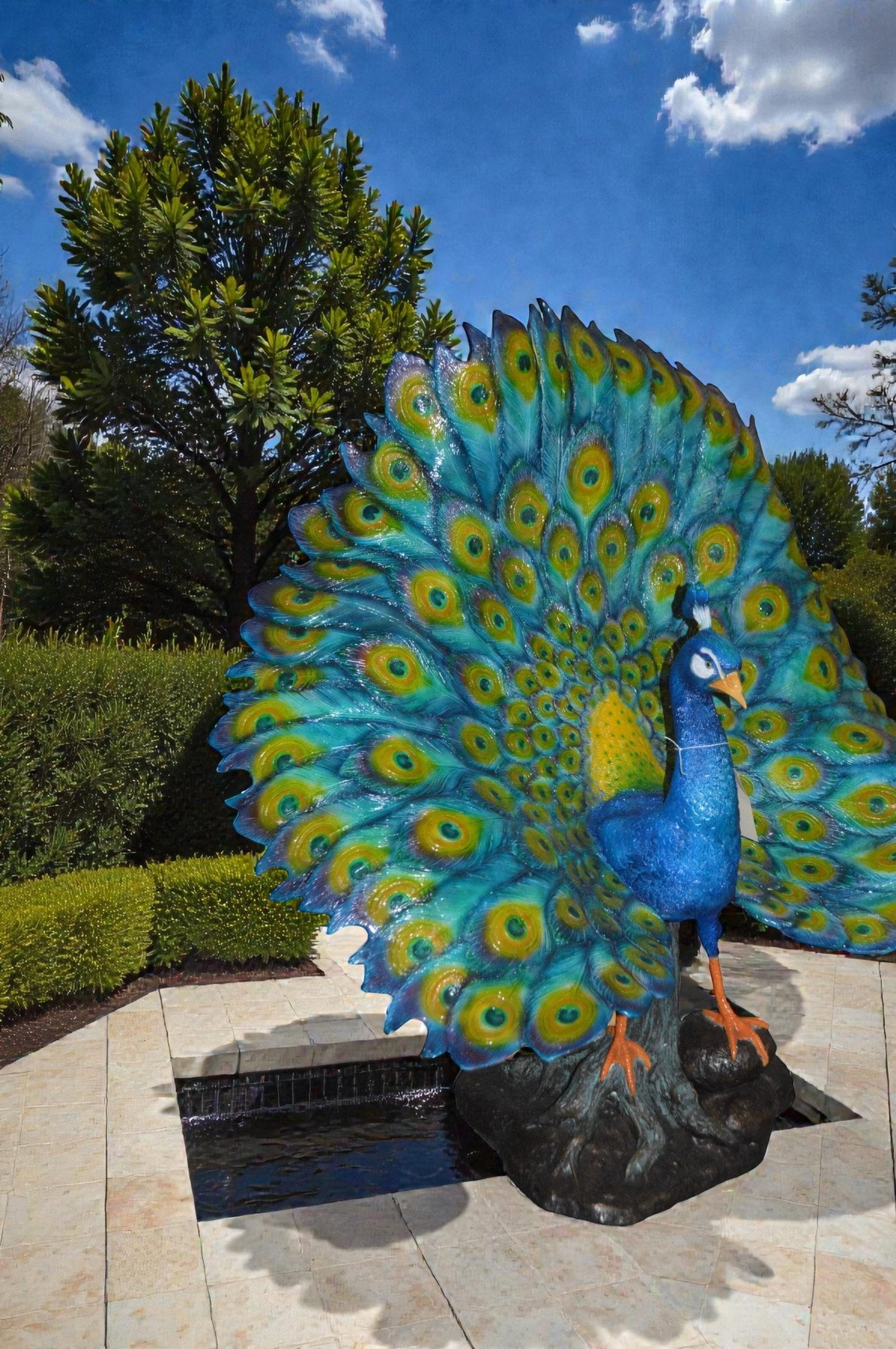 Colorful Peacock Bronze Statue - Size: 24"L x 39"W x 35"H. - 2