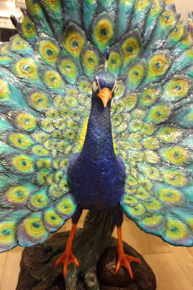 Colorful Peacock Bronze Statue - Size: 24"L x 39"W x 35"H. - 3