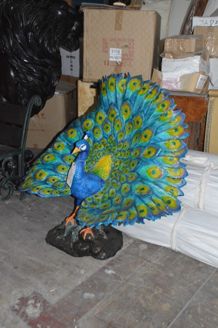 Colorful Peacock Bronze Statue - Size: 24"L x 39"W x 35"H. - 5