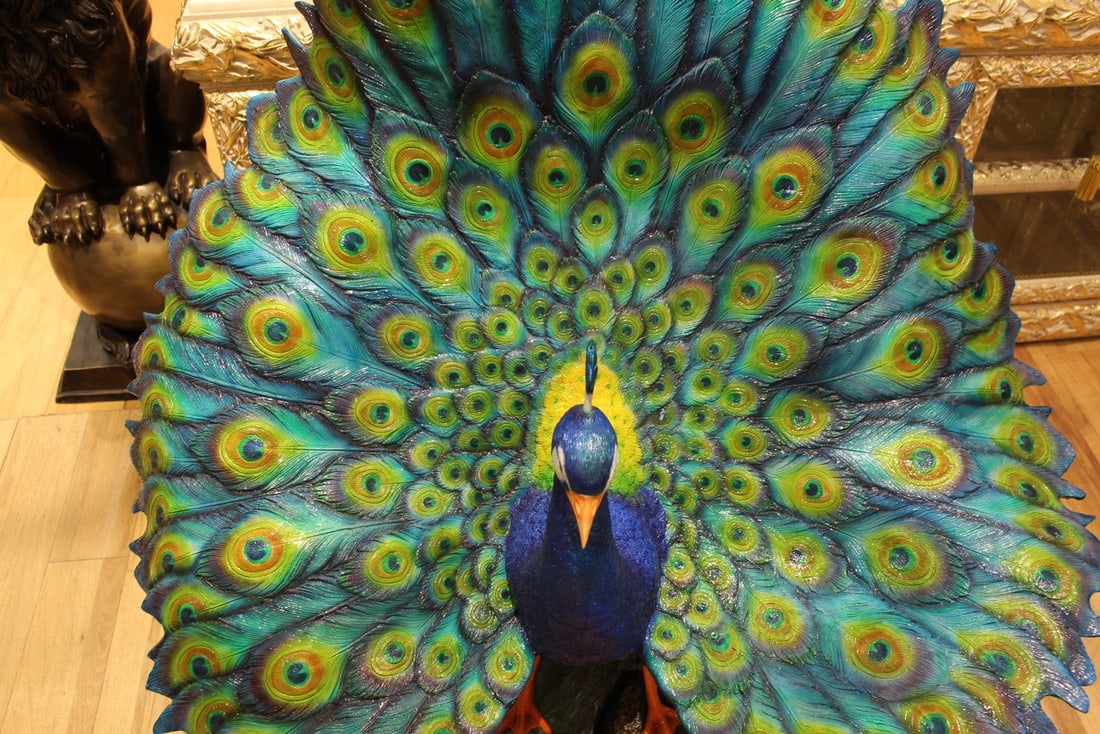 Colorful Peacock Bronze Statue - Size: 24"L x 39"W x 35"H. - 7