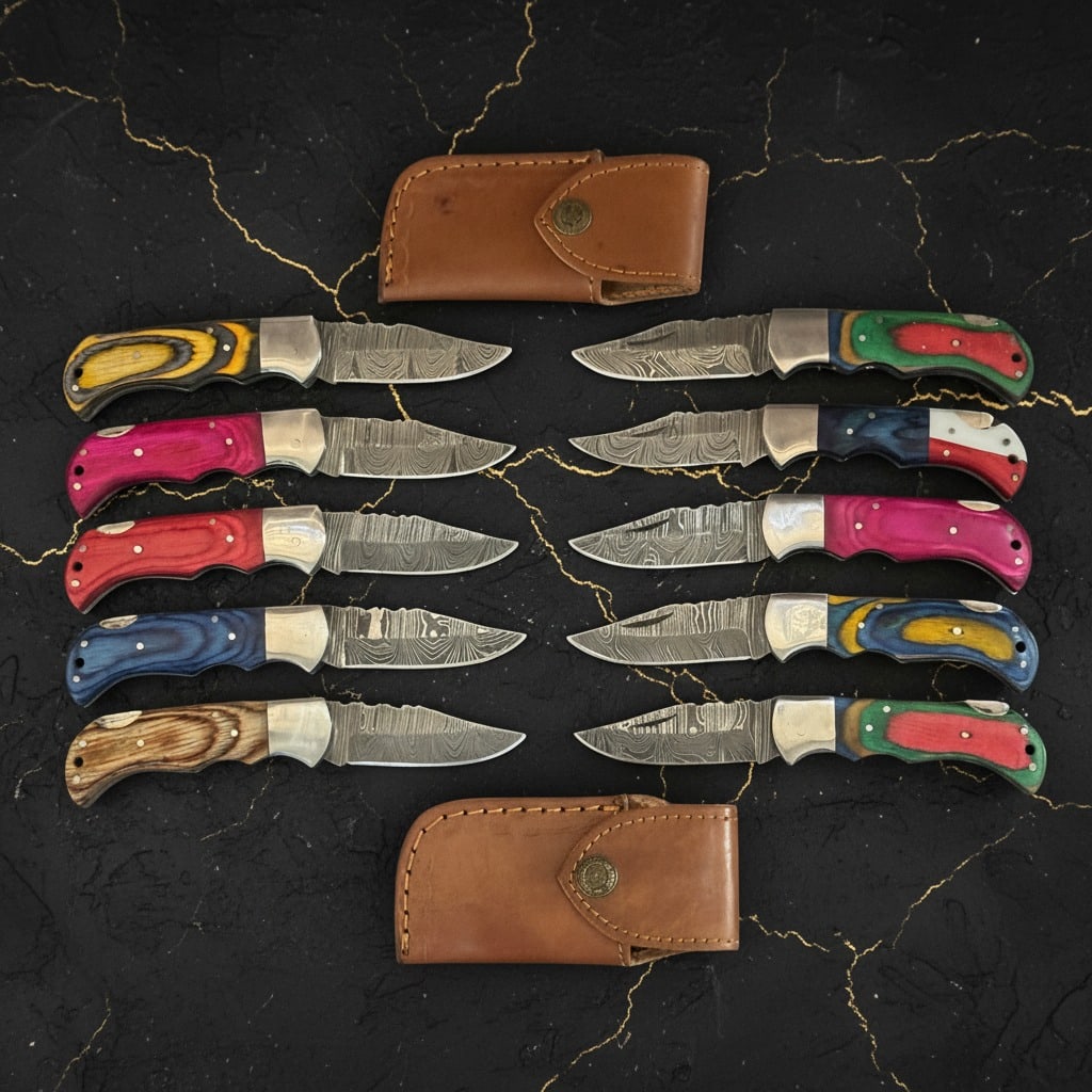 10 Damascus Steel Folding Knives Set With Leather Sheaths Multi-Pack: Title:10 Damascus Steel Folding Knives Set With Leather Sheaths Multi-Pack Description:This lot consists of 10 hand-forged Damascus steel folding knives, each featuring a unique pattern and an