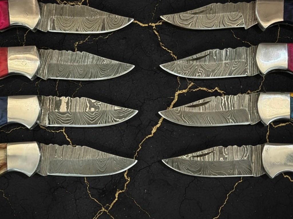 10 Damascus Steel Folding Knives Set With Leather Sheaths Multi-Pack - 2