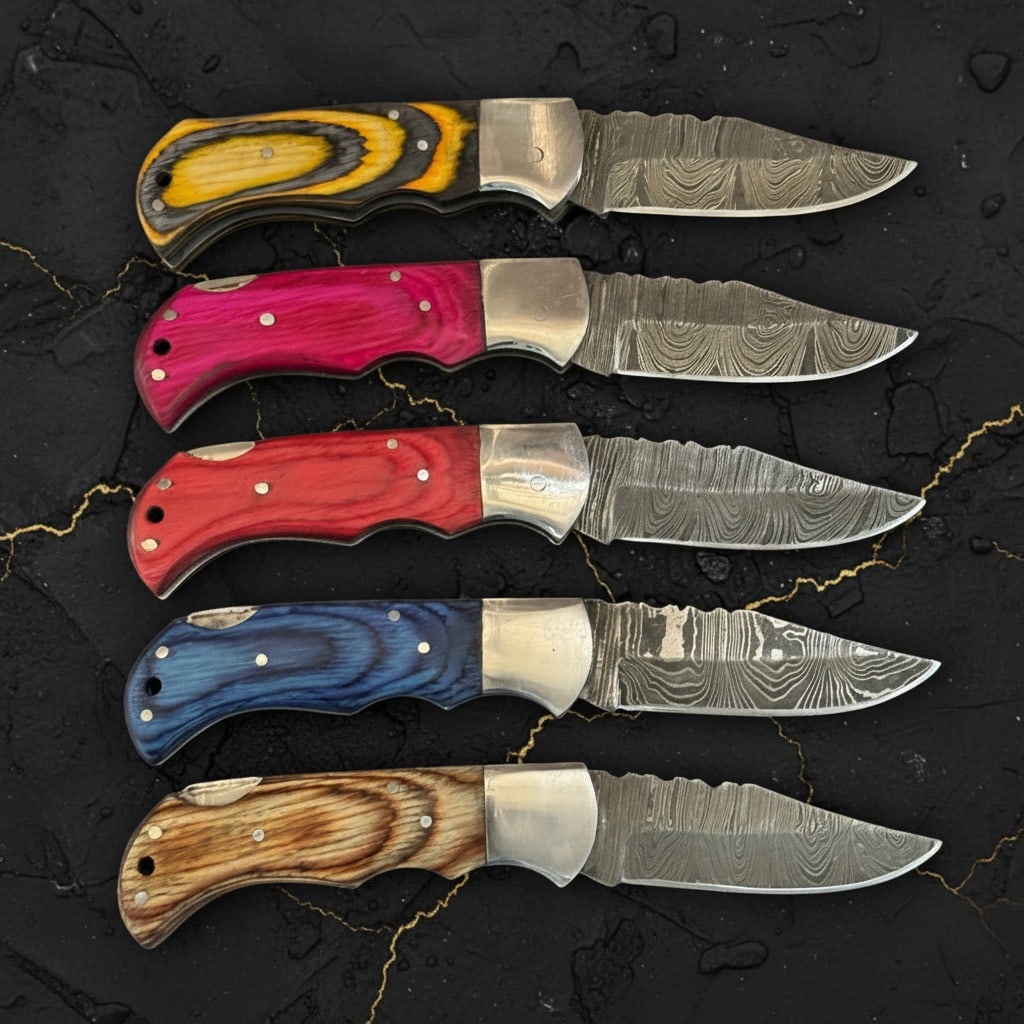 10 Damascus Steel Folding Knives Set With Leather Sheaths Multi-Pack - 3