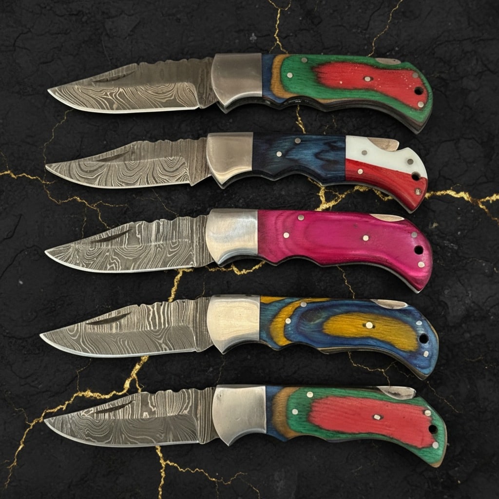 10 Damascus Steel Folding Knives Set With Leather Sheaths Multi-Pack - 4