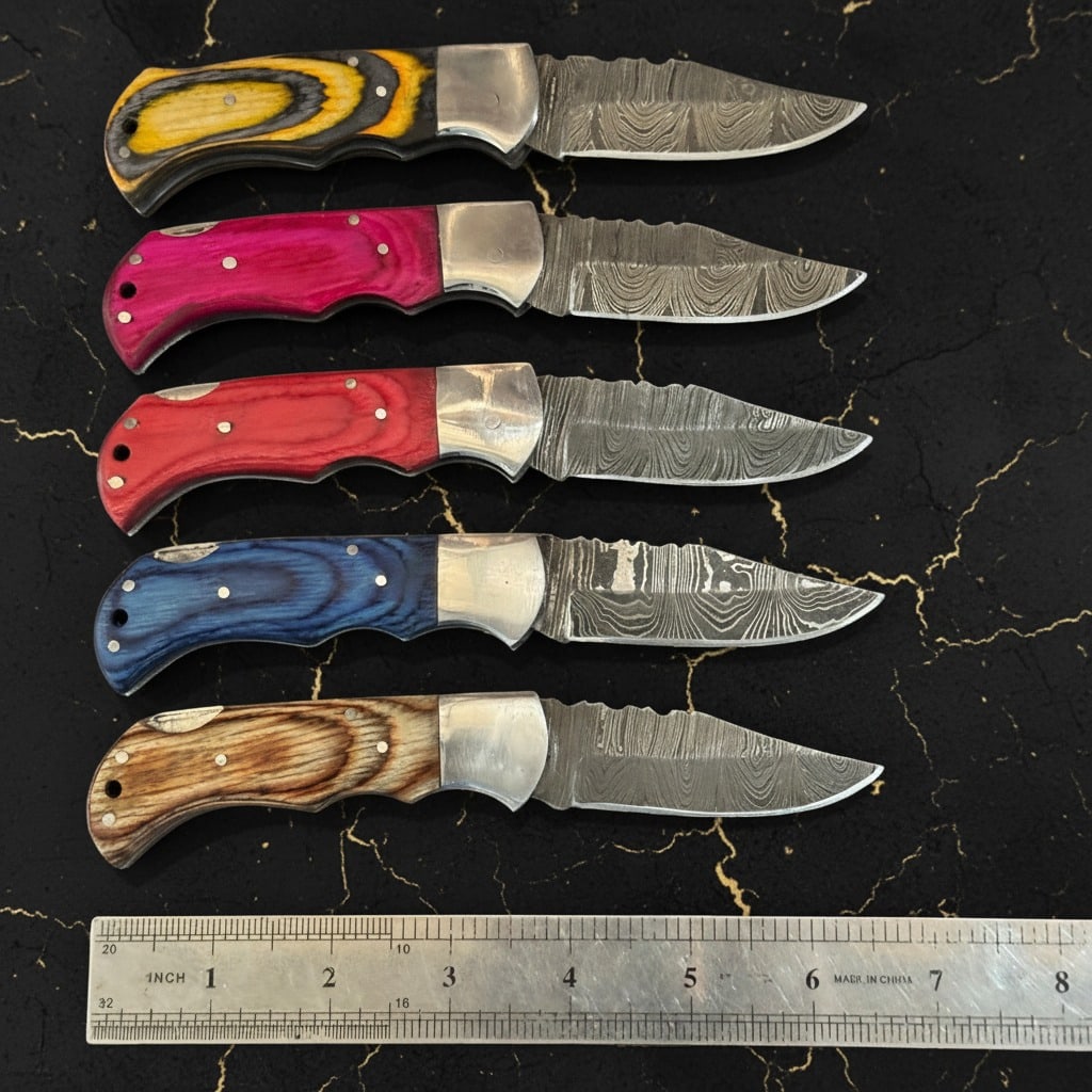 10 Damascus Steel Folding Knives Set With Leather Sheaths Multi-Pack - 6